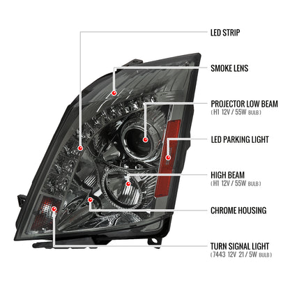 2008-2014 Cadillac CTS SMD LED Light Strip Projector Headlights (Chrome Housing/Smoked Lens)