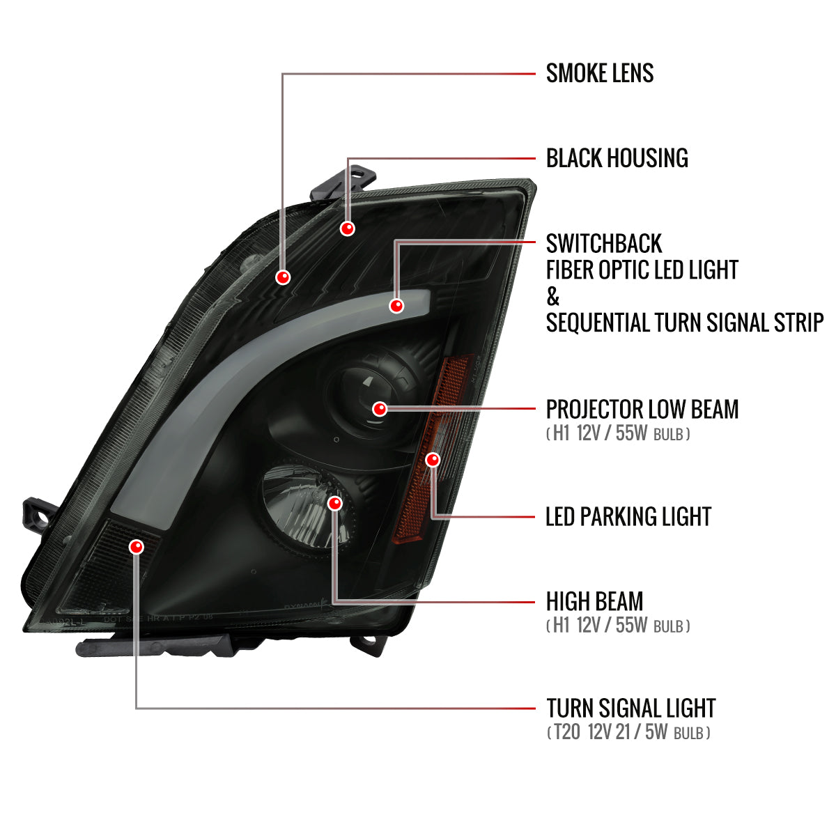 2008-2014 Cadillac CTS Switchback Sequential LED Bar Projector Headlights (Matte Black Housing/Smoked Lens)