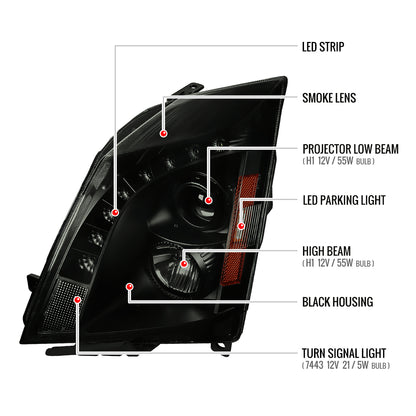 2008-2014 Cadillac CTS SMD LED Light Strip Projector Headlights (Black Housing/Smoked Lens)