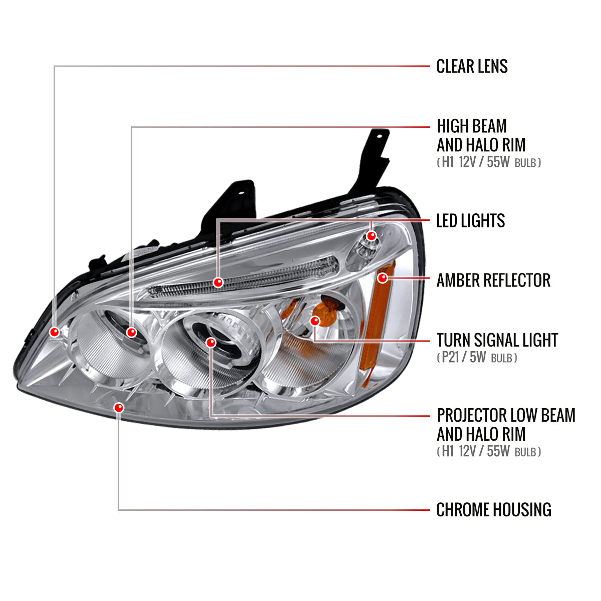2001-2003 Honda Civic Dual Halo Projector Headlights (Chrome Housing/Clear Lens)