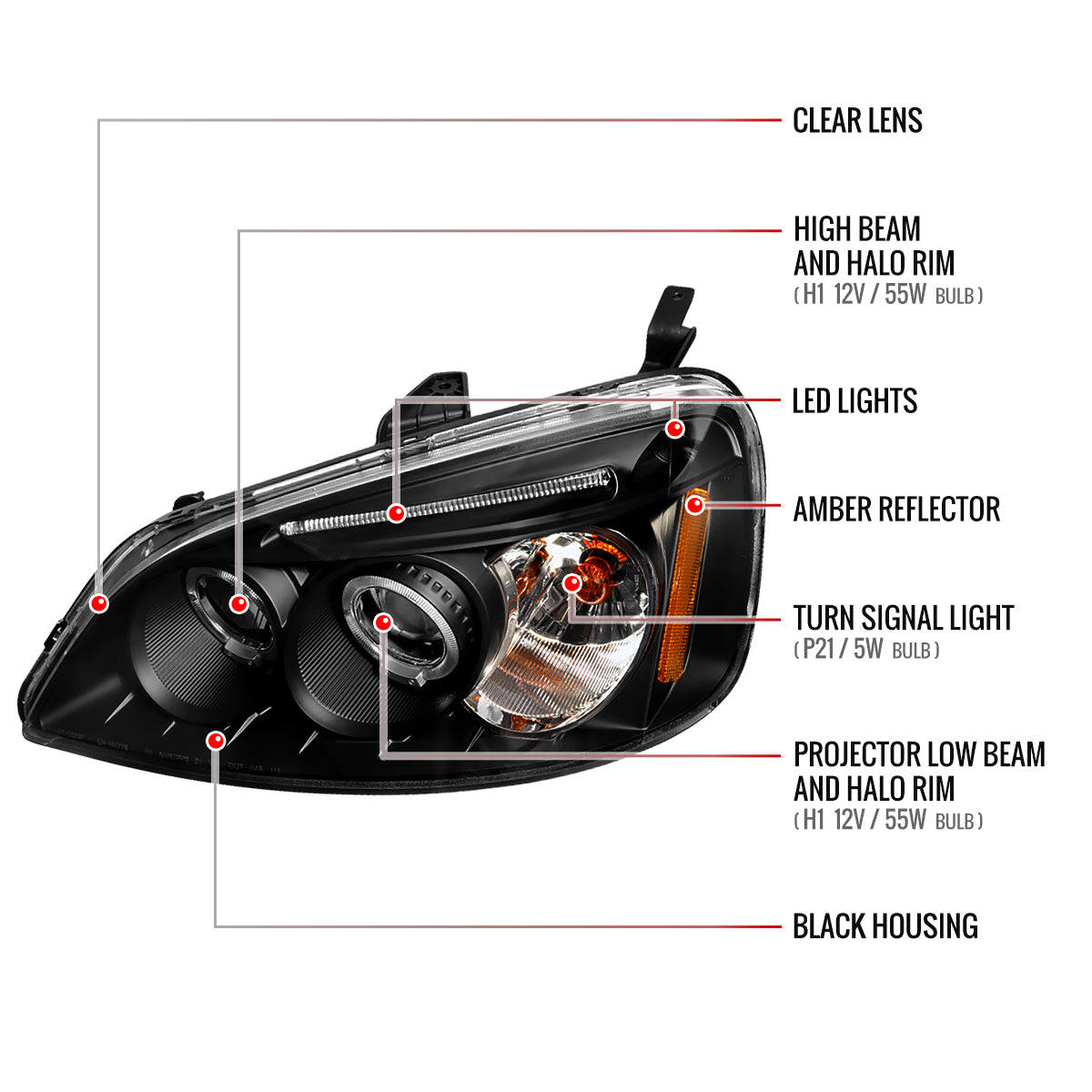 2001-2003 Honda Civic Dual Halo Projector Headlights (Matte Black Housing/Clear Lens)