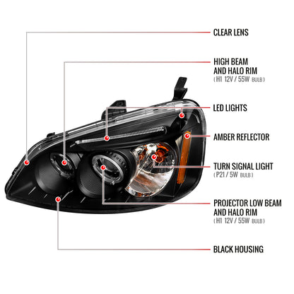 2001-2003 Honda Civic Dual Halo Projector Headlights (Matte Black Housing/Clear Lens)