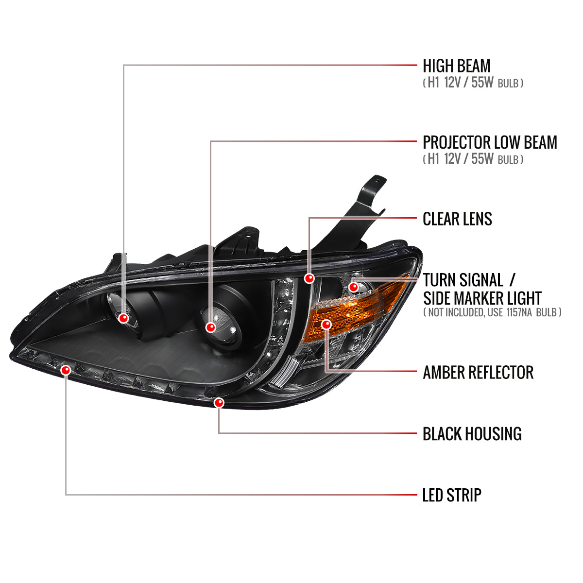 2004-2005 Honda Civic Projector Headlights w/ R8 Style LED Light Strip (Matte Black Housing/Clear Lens)