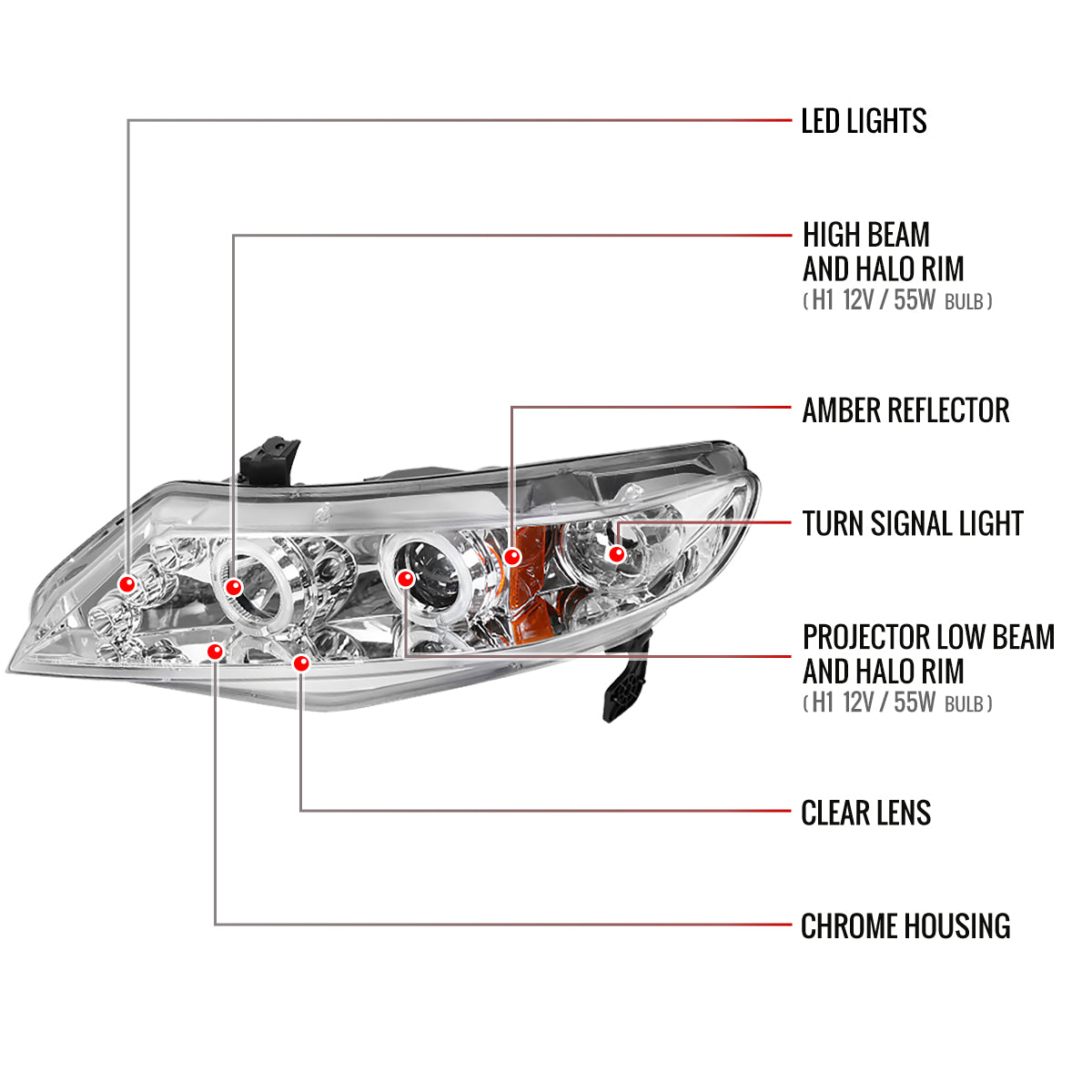 2006-2011 Honda Civic Sedan Dual Halo Projector Headlights (Chrome Housing/Clear Lens)