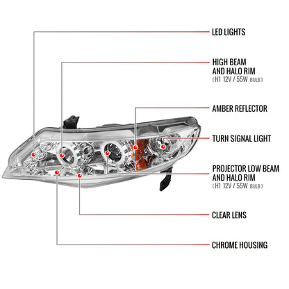 2006-2011 Honda Civic Sedan Dual Halo Projector Headlights (Chrome Housing/Clear Lens)