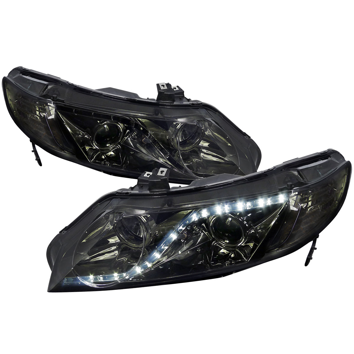 2006-2011 Honda Civic Sedan Projector Headlights w/ R8 Style LED Light Strip (Chrome Housing/Smoked Lens)