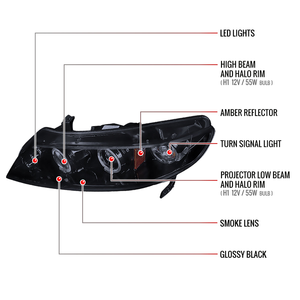 2006-2011 Honda Civic Sedan Dual Halo Projector Headlights (Glossy Black Housing/Smoked Lens)