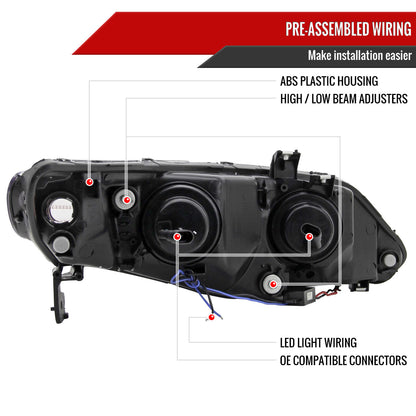 2006-2011 Honda Civic Sedan Projector Headlights w/ R8 Style LED Light Strip (Matte Black Housing/Clear Lens)