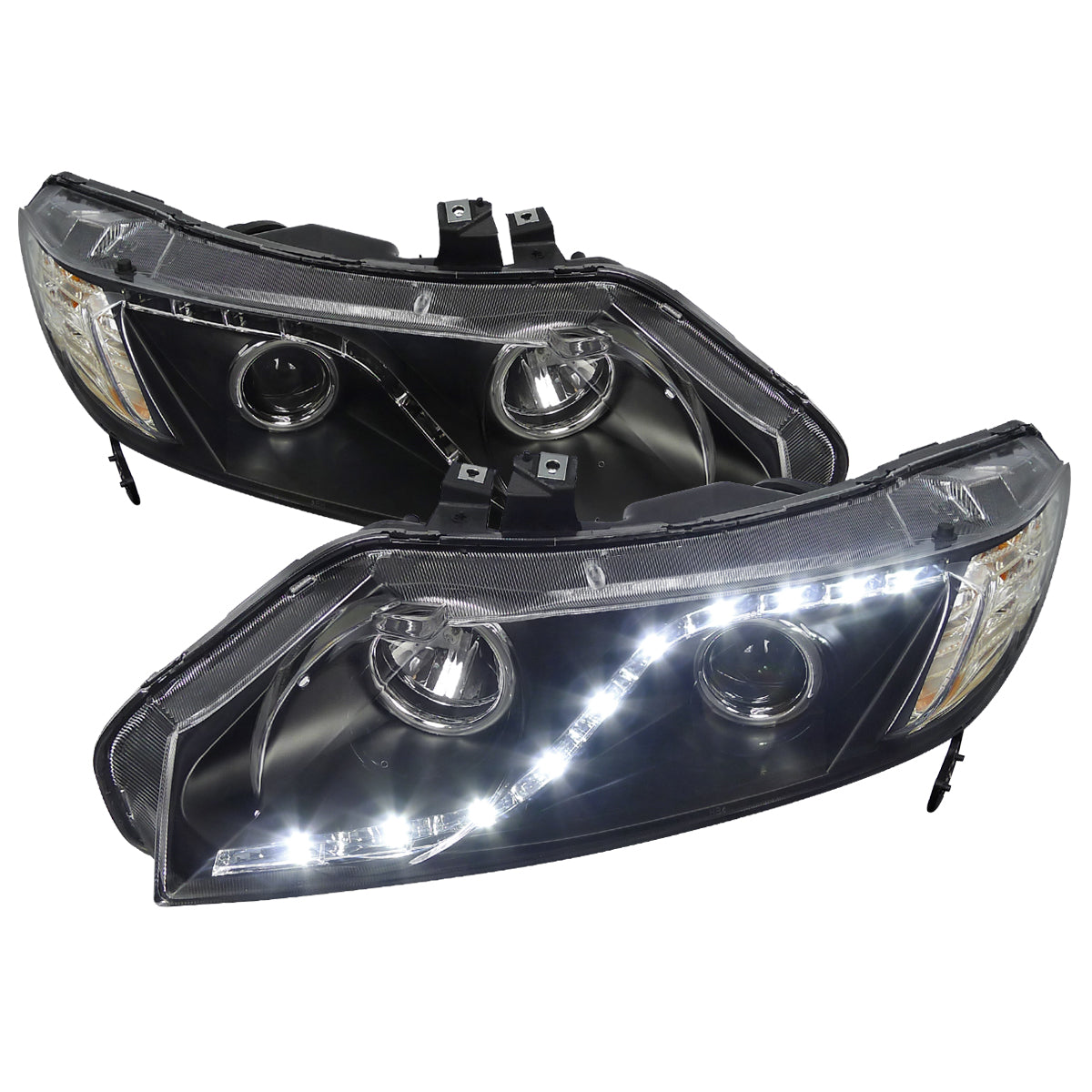 2006-2011 Honda Civic Sedan Projector Headlights w/ R8 Style LED Light Strip (Matte Black Housing/Clear Lens)