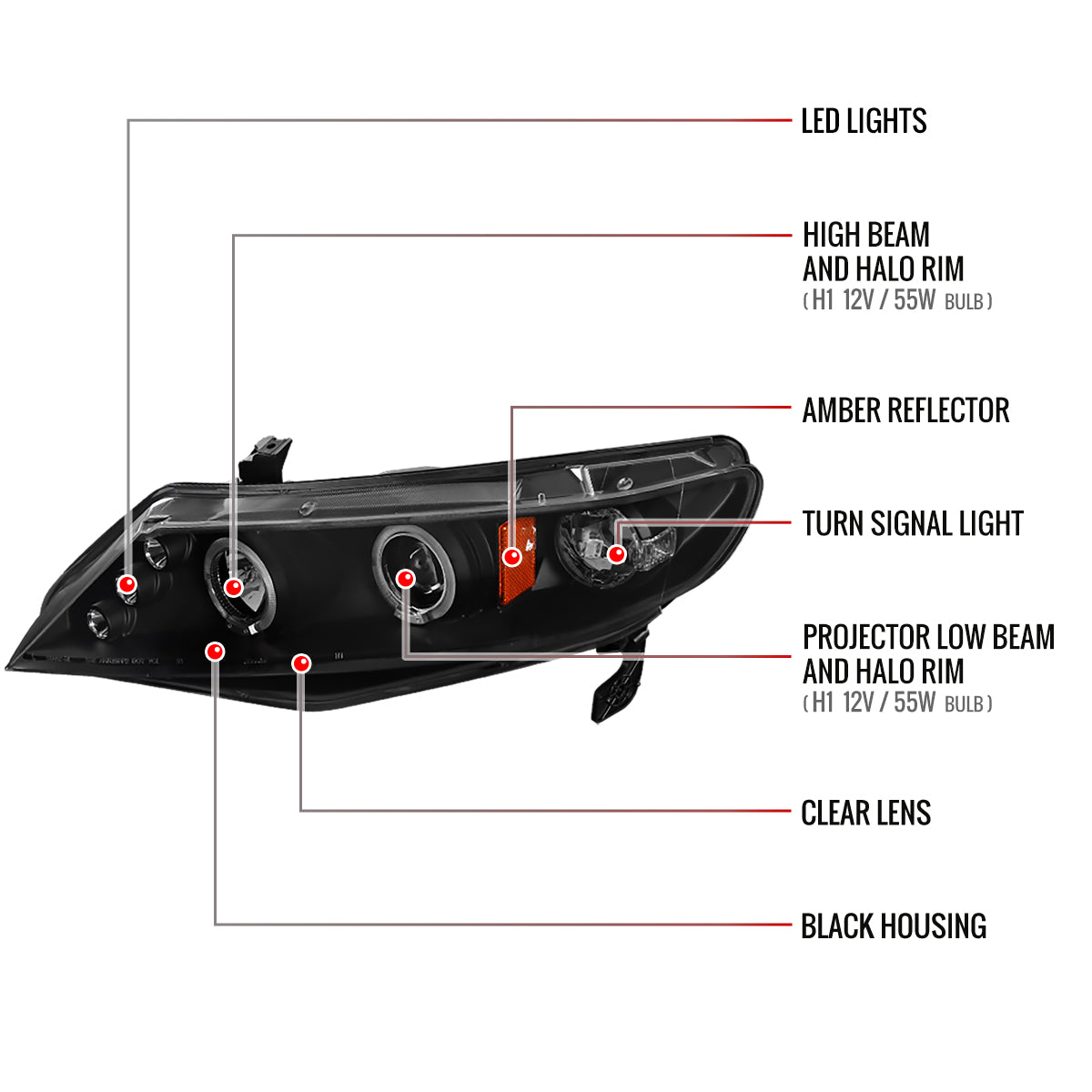 2006-2011 Honda Civic Sedan Dual Halo Projector Headlights (Matte Black Housing/Clear Lens)