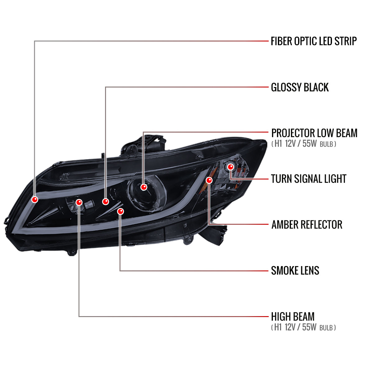 2012-2013 Honda Civic Coupe/ 2012-2015 Civic Sedan LED Bar Projector Headlights (Glossy Black Housing/Smoked Lens)