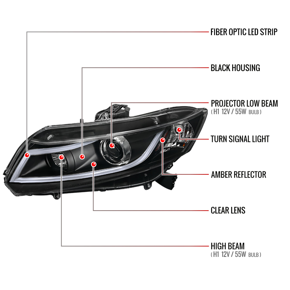 2012-2013 Honda Civic Coupe / 2012-2015 Civic Sedan LED Bar Projector Headlights (Matte Black Housing/Clear Lens)