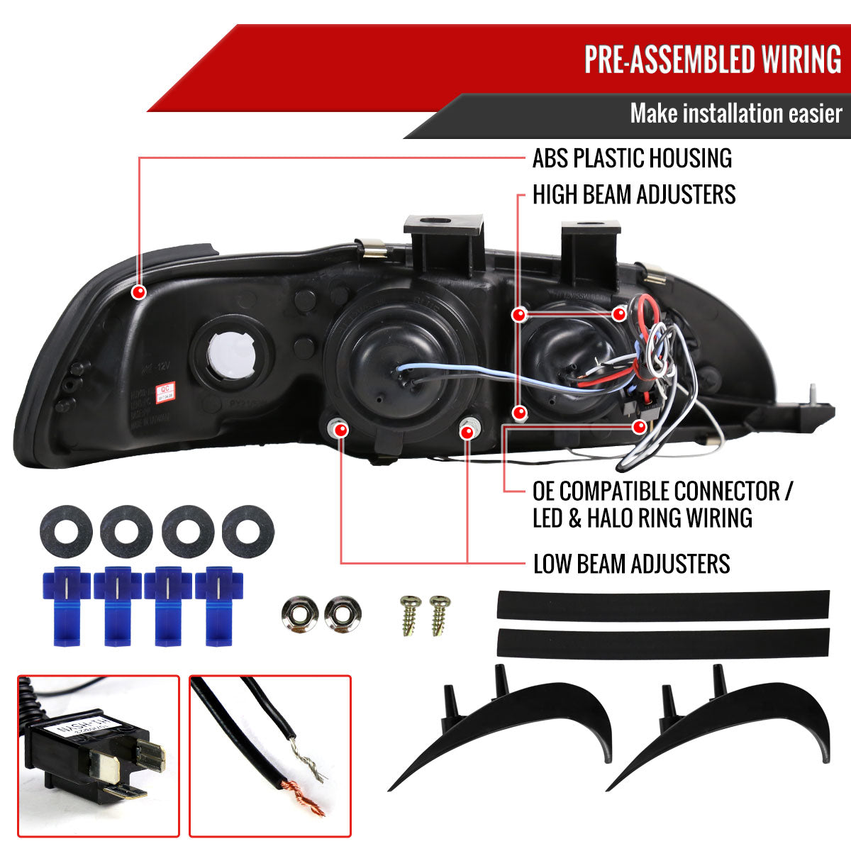 1992-1995 Honda Civic Dual Halo Projector Headlights (Matte Black Housing/Clear Lens)