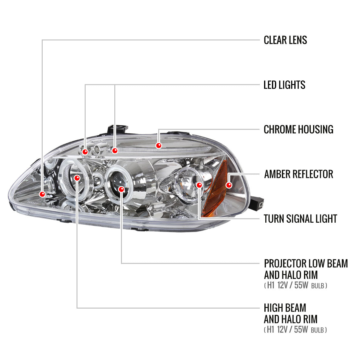 1996-1998 Honda Civic Dual Halo Projector Headlights (Chrome Housing/Clear Lens)