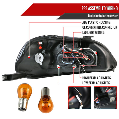 1996-1998 Honda Civic Projector Headlights w/ R8 Style LED Light Strip (Glossy Black Housing/Smoked Lens)