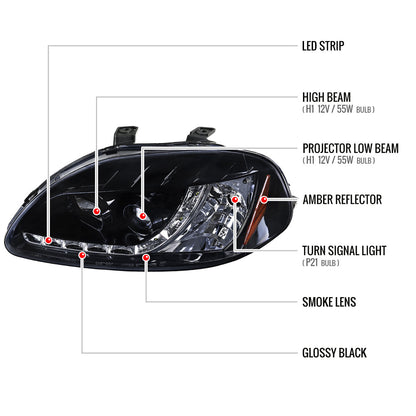 1996-1998 Honda Civic Projector Headlights w/ R8 Style LED Light Strip (Glossy Black Housing/Smoked Lens)