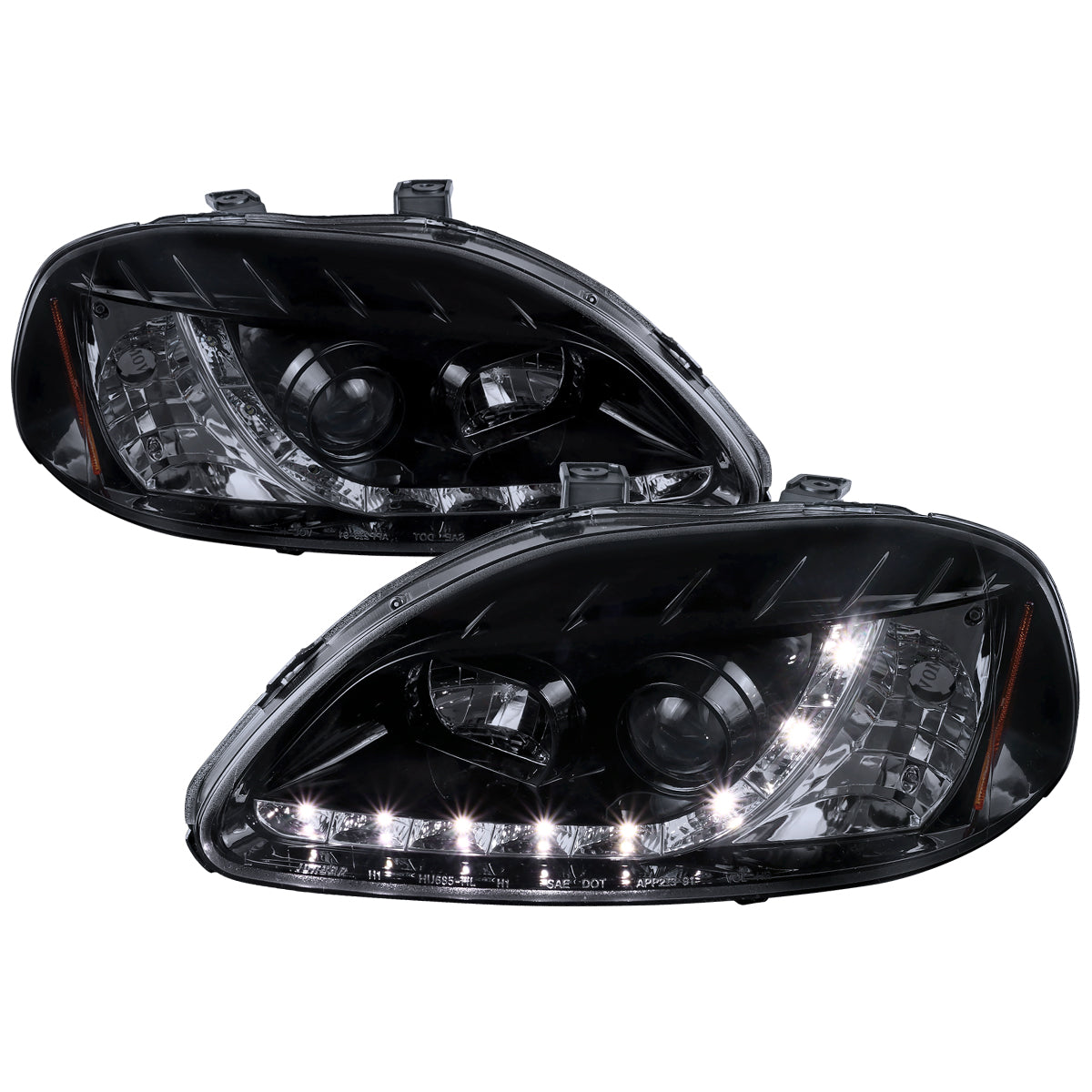 1996-1998 Honda Civic Projector Headlights w/ R8 Style LED Light Strip (Glossy Black Housing/Smoked Lens)