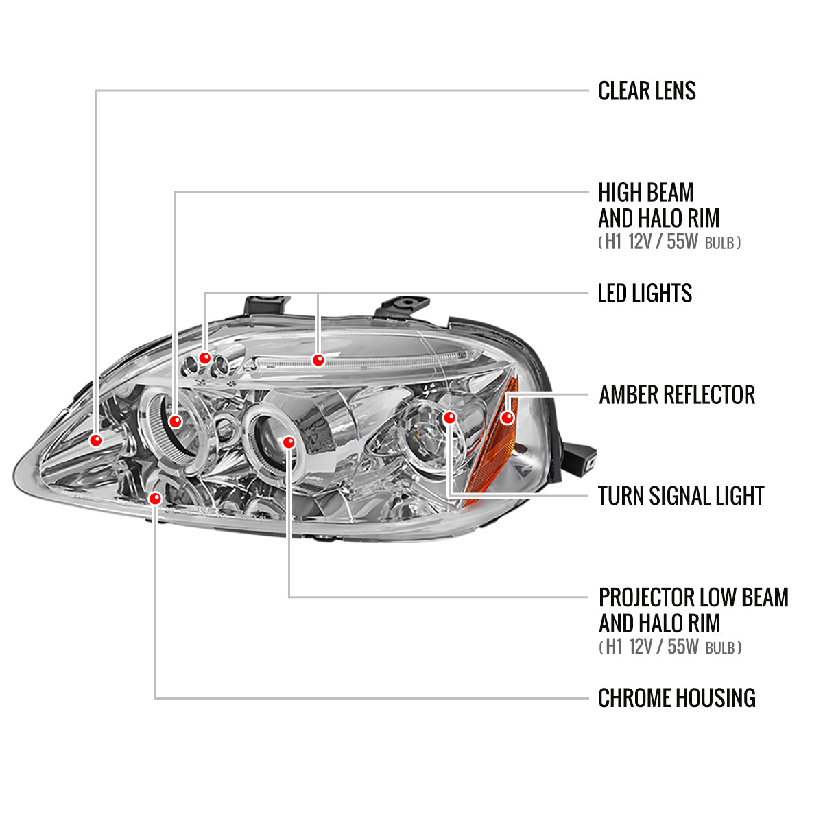 1999-2000 Honda Civic Dual Halo Projector Headlights (Chrome Housing/Clear Lens)