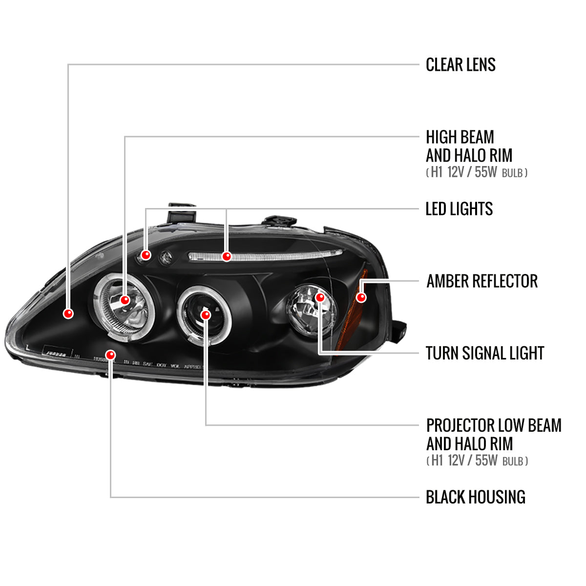1999-2000 Honda Civic Dual Halo Projector Headlights (Matte Black Housing/Clear Lens)