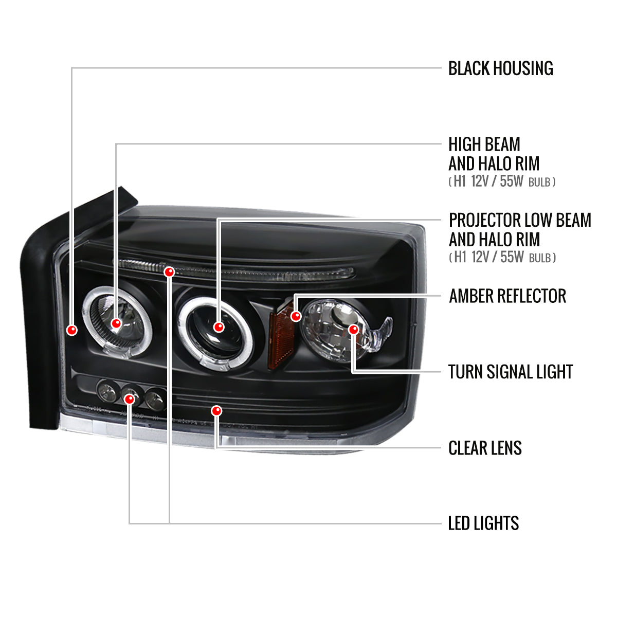 2005-2007 Dodge Dakota Dual Halo Projector Headlights (Matte Black Housing/Clear Lens)