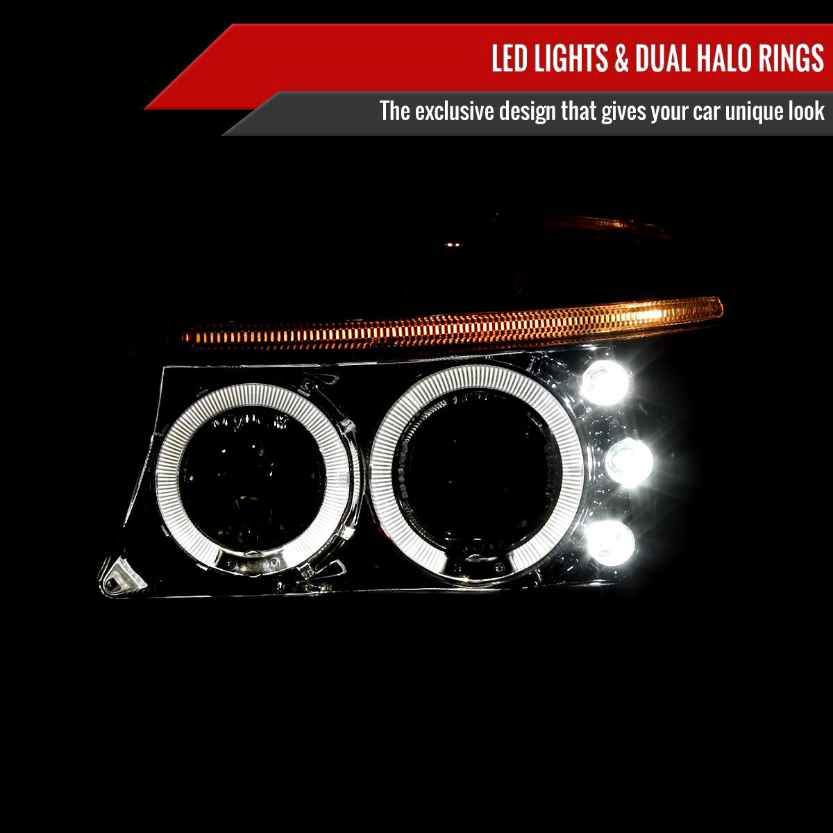 1997-2004 Dodge Dakota/ 1998-2003 Durango Dual Halo Projector Headlights (Chrome Housing/Clear Lens)