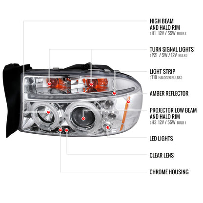 1997-2004 Dodge Dakota/ 1998-2003 Durango Dual Halo Projector Headlights (Chrome Housing/Clear Lens)