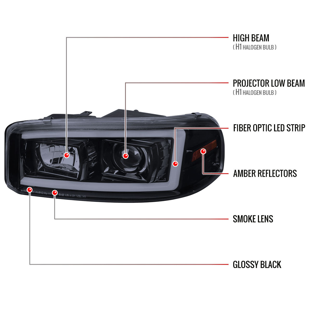 2000-2006 GMC Sierra/Denali/Yukon LED Strip Projector Headlights (Glossy Black Housing/Smoked Lens)