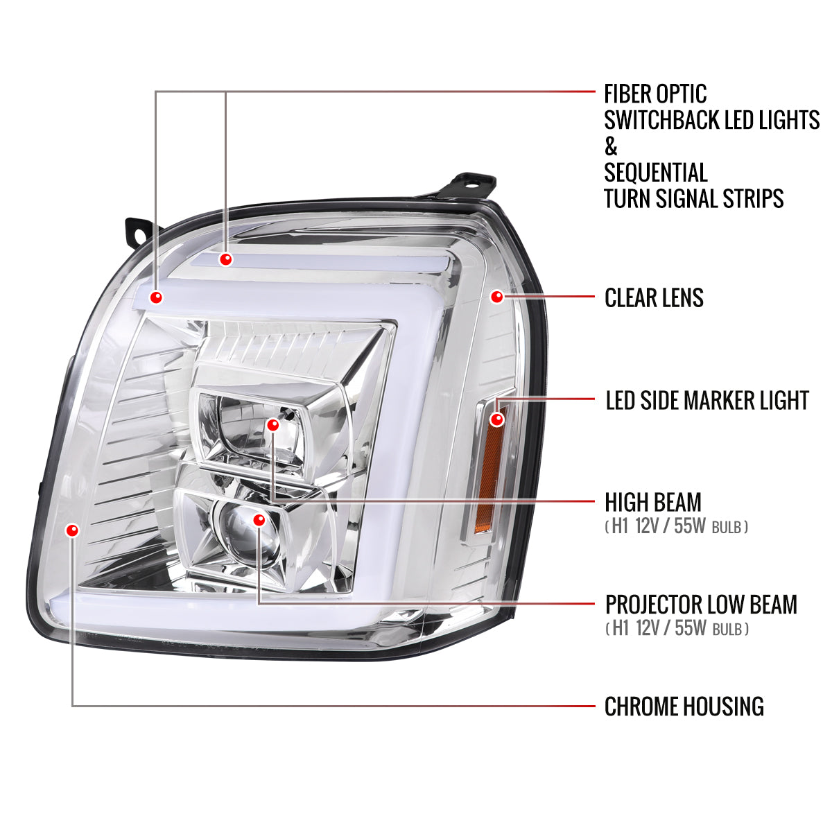 2007-2014 GMC Yukon/XL 1500/XL 2500 Switchback Sequential LED Turn Signal Projector Headlights (Chrome Housing/Clear Lens)