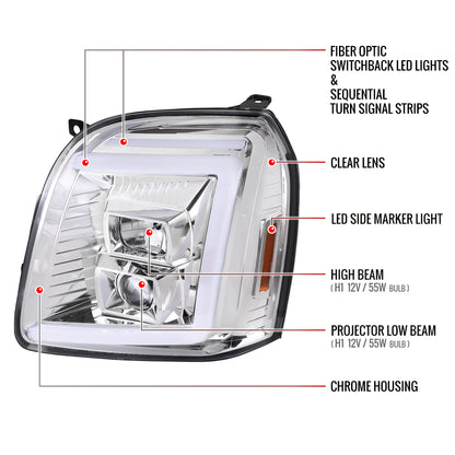 2007-2014 GMC Yukon/XL 1500/XL 2500 Switchback Sequential LED Turn Signal Projector Headlights (Chrome Housing/Clear Lens)