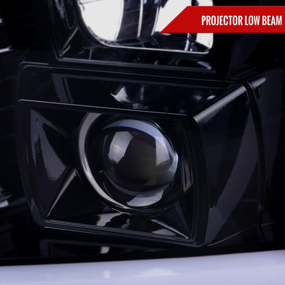 2007-2014 GMC Yukon/XL 1500/XL 2500 Switchback Sequential LED Turn Signal Projector Headlights (Glossy Black Housing/Smoked Lens)