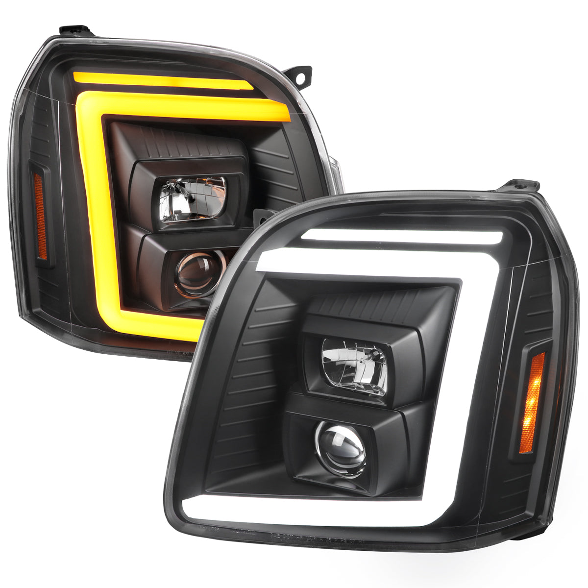 2007-2014 GMC Yukon/XL 1500/XL 2500 Switchback Sequential LED Turn Signal Projector Headlights (Matte Black Housing/Clear Lens)