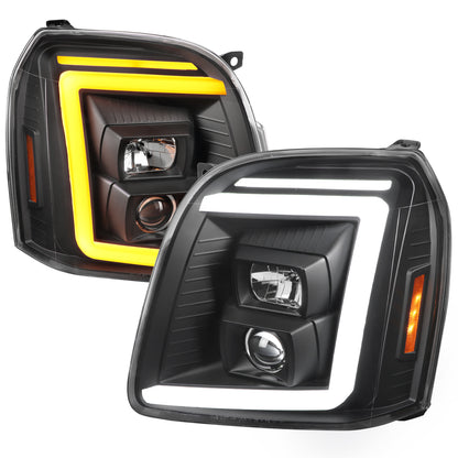 2007-2014 GMC Yukon/XL 1500/XL 2500 Switchback Sequential LED Turn Signal Projector Headlights (Matte Black Housing/Clear Lens)