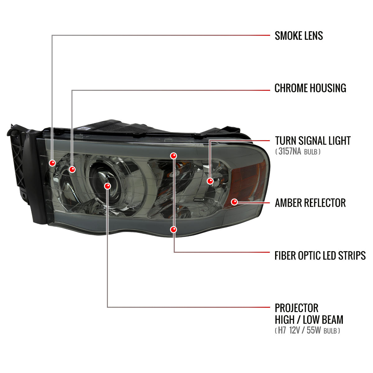 2002-2005 Dodge Ram 1500 / 2003-2005 Dodge Ram 2500 / 3500 LED Tube Projector Headlights (Chrome Housing/Smoked Lens)