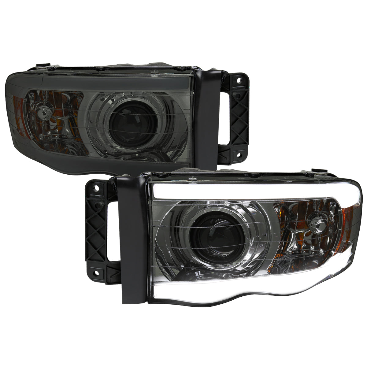 2002-2005 Dodge Ram 1500 / 2003-2005 Dodge Ram 2500 / 3500 LED Tube Projector Headlights (Chrome Housing/Smoked Lens)