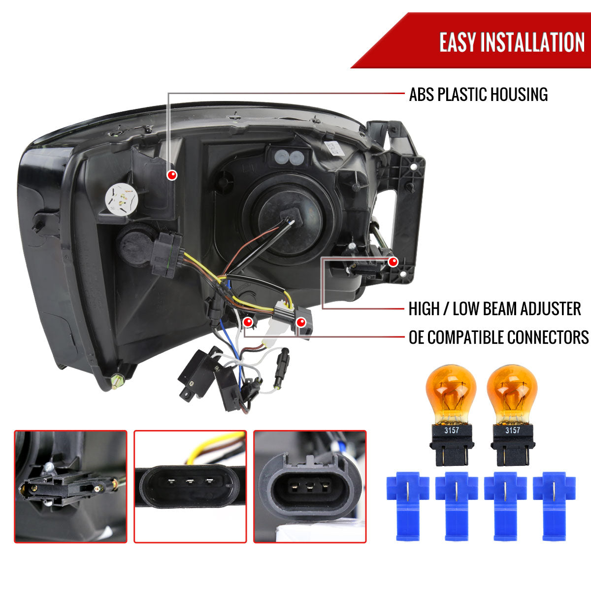2006-2008 Dodge RAM 1500/ 2006-2009 Dodge RAM 2500/3500 LED Tube Projector Headlights (Chrome Housing/Clear Lens)