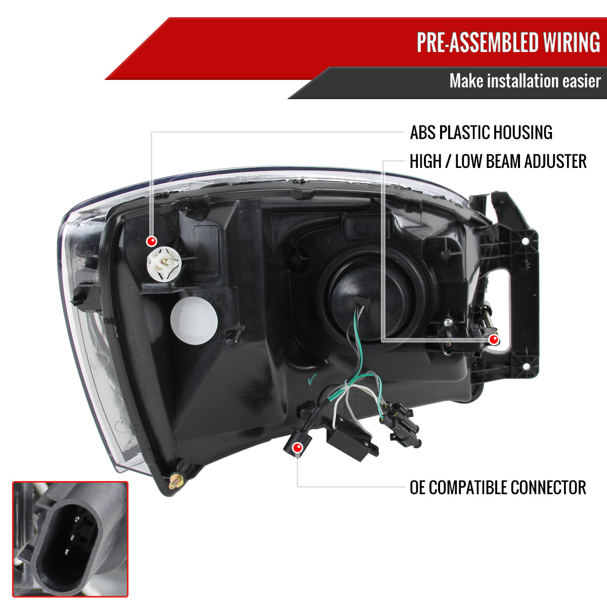 2006-2008 Dodge RAM 1500/ 2006-2009 RAM 2500 3500 Retro Style Projector Headlights (Matte Black Housing/Clear Lens)