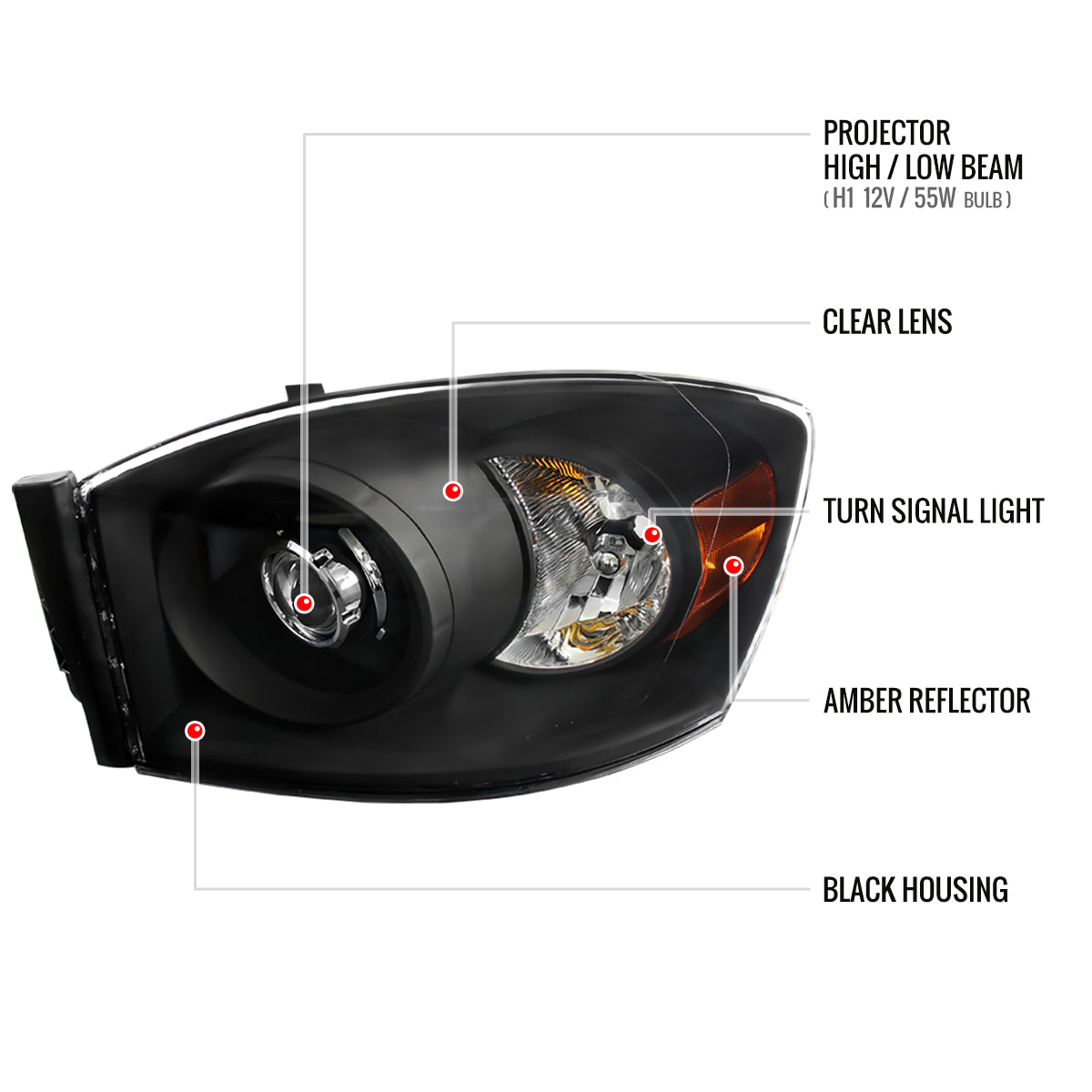 2006-2008 Dodge RAM 1500/ 2006-2009 RAM 2500 3500 Retro Style Projector Headlights (Matte Black Housing/Clear Lens)
