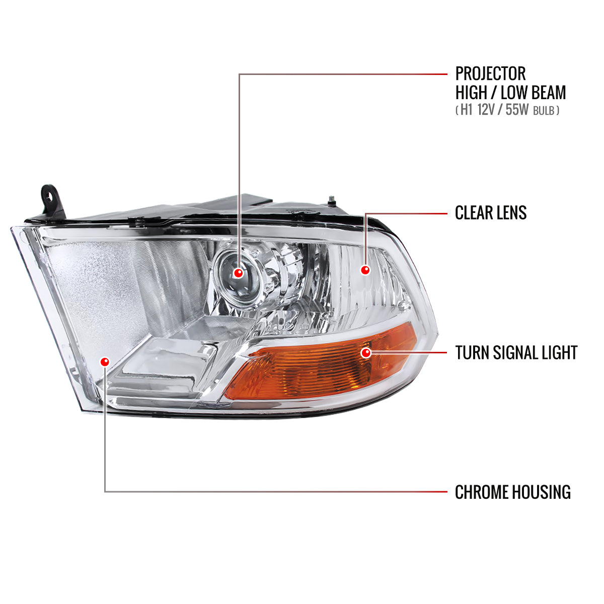 2009-2018 Dodge RAM 1500 / 2019-2021 RAM Classic / 2010-2018 RAM 2500 3500 Retro Style Projector Headlights (Chrome Housing/Clear Lens)