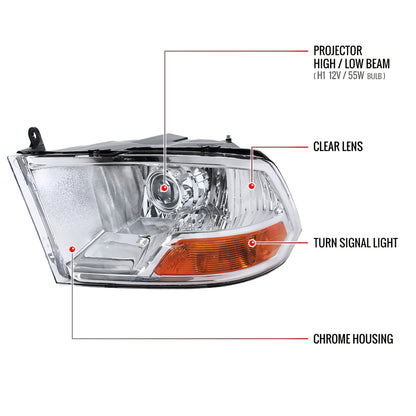 2009-2018 Dodge RAM 1500 / 2019-2021 RAM Classic / 2010-2018 RAM 2500 3500 Retro Style Projector Headlights (Chrome Housing/Clear Lens)