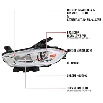 2013-2016 Dodge Dart Switchback Sequential Animated LED Bar Projector Headlights (Chrome Housing/Clear Lens)