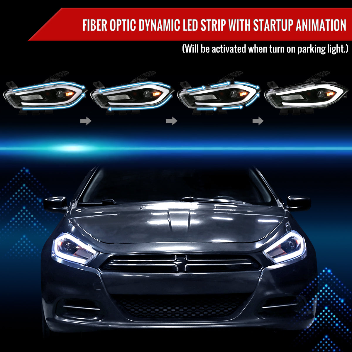 2013-2016 Dodge Dart Switchback Sequential Animated LED Bar Projector Headlights (Matte Black Housing/Clear Lens)