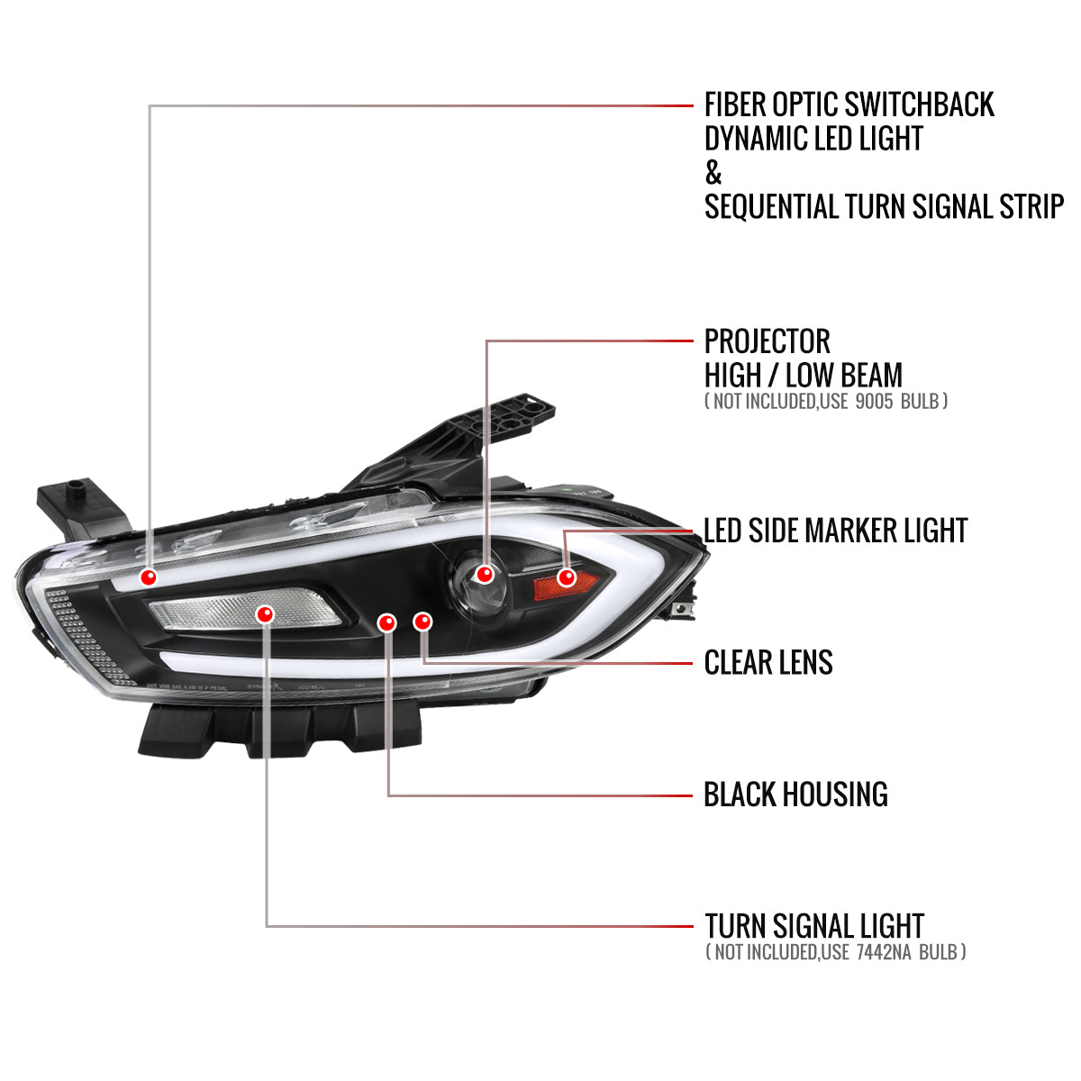2013-2016 Dodge Dart Switchback Sequential Animated LED Bar Projector Headlights (Matte Black Housing/Clear Lens)