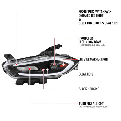 2013-2016 Dodge Dart Switchback Sequential Animated LED Bar Projector Headlights (Matte Black Housing/Clear Lens)