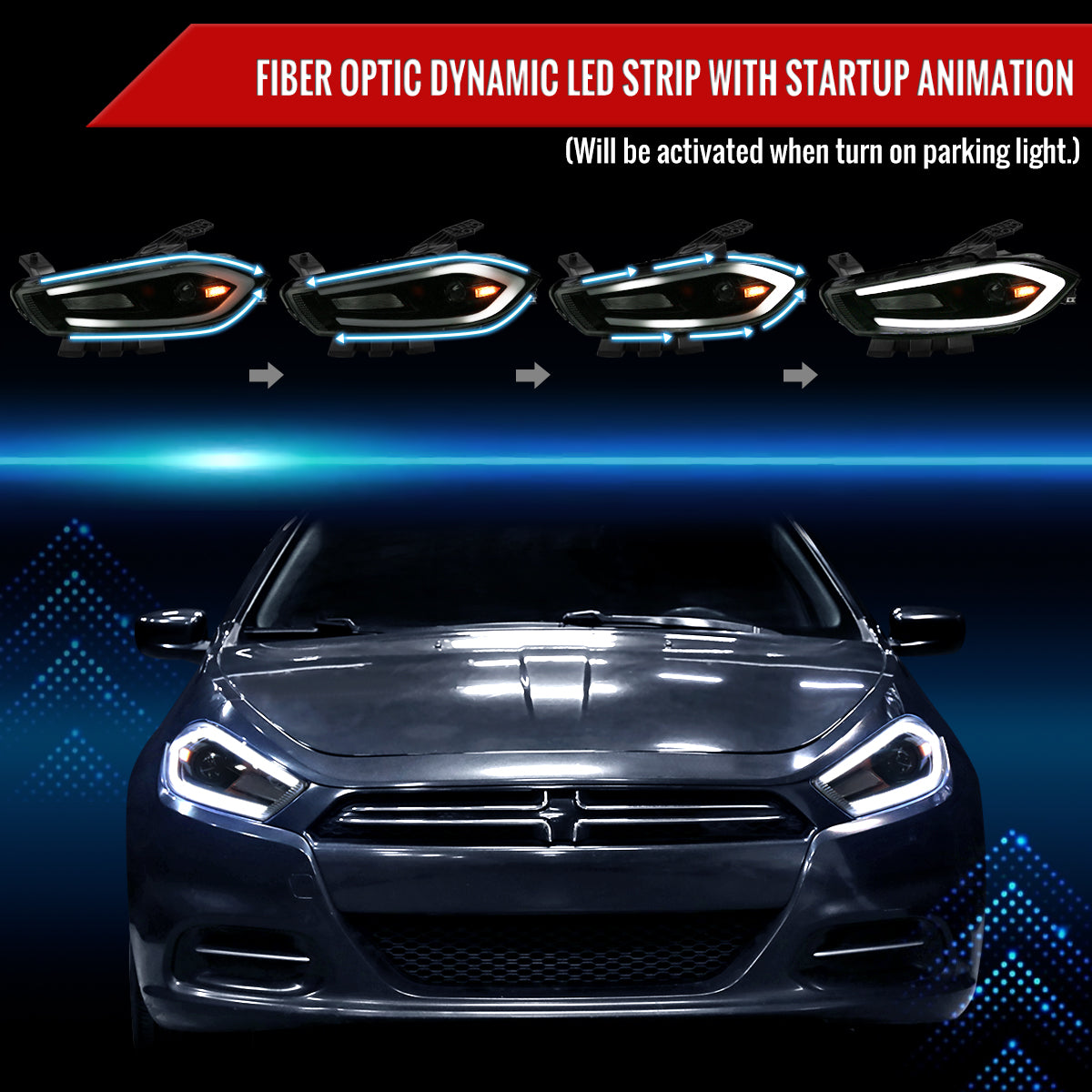 2013-2016 Dodge Dart Switchback Sequential Animated LED Bar Projector Headlights (Matte Black Housing/Smoked Lens)