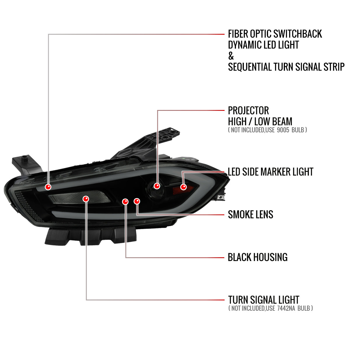2013-2016 Dodge Dart Switchback Sequential Animated LED Bar Projector Headlights (Matte Black Housing/Smoked Lens)
