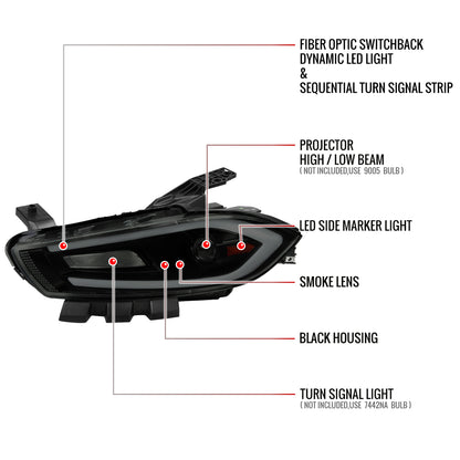 2013-2016 Dodge Dart Switchback Sequential Animated LED Bar Projector Headlights (Matte Black Housing/Smoked Lens)