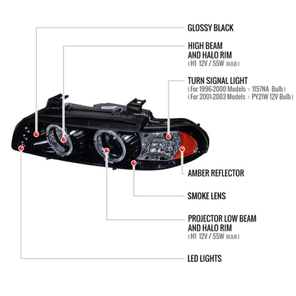 1996-2003 BMW E39 5 Series Dual Halo Projector Headlights (Glossy Black Housing/Smoked Lens)