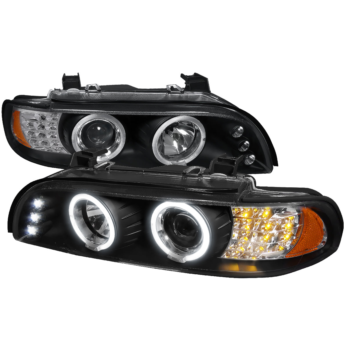 2001-2003 BMW E39 5 Series Dual Halo Projector Headlights w/ LED Turn Signal Lights (Matte Black Housing/Clear Lens)