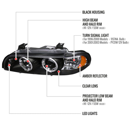 1996-2003 BMW E39 5 Series Dual Halo Projector Headlights (Matte Black Housing/Clear Lens)