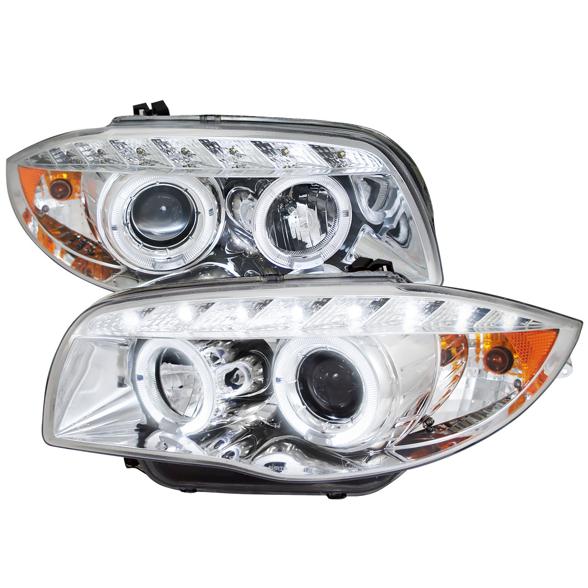 2004-2013 BMW E81 E82 E87 E88 Dual Halo Projector Headlights w/ LED Light Strip (Chrome Housing/Clear Lens)